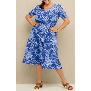 Talbots Womens Etched Toile Belted Smocked Blue Floral Fit and Flare Dress 16WP